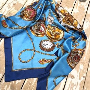 Vintage-Inspired Silk-Feel Scarf – Teal & Gold Ornate Timepiece Print